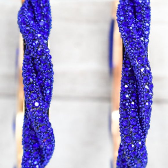 3" Braid Twist Royal Blue Rhinestone Hoop Earrings - Picture 6 of 12